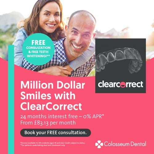 A young couple smiling together. Text reads Million Dollar Smiles with clearCorrect